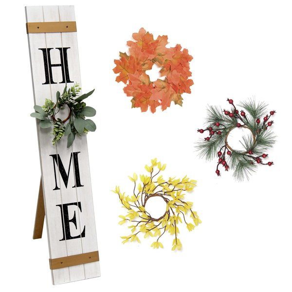 Elegant Designs Seasonal Wooden "Home" Porch Sign with 4 Interchangeable Floral Wreaths, White Wash HG2011-WBK